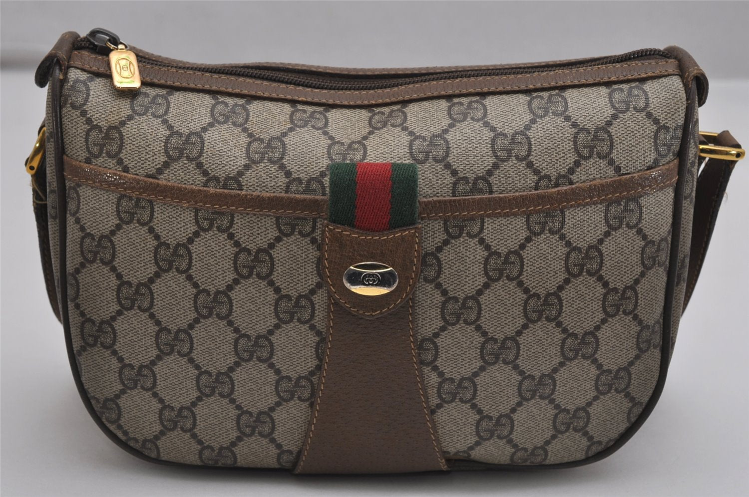 Auth GUCCI Web Sherry Line Shoulder Cross Bag GG PVC Leather Brown Junk 9869J