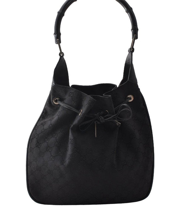 Auth GUCCI Bamboo Drawstring Shoulder Bag GG Canvas Leather 0014033 Black 9875I