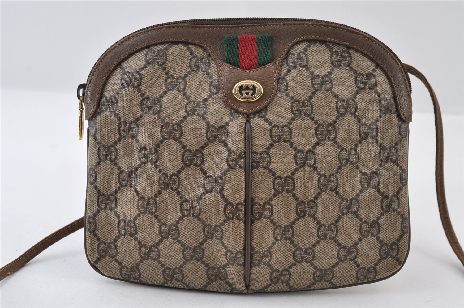 Authentic GUCCI Web Sherry Line Shoulder Cross Bag GG PVC Leather Brown 9879I