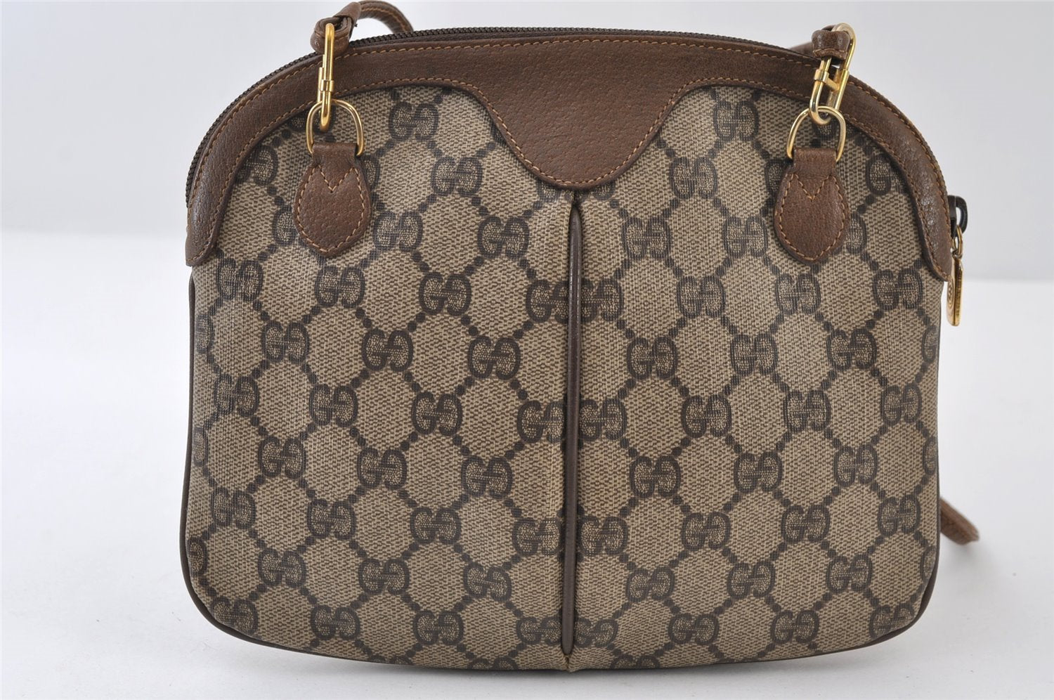 Authentic GUCCI Web Sherry Line Shoulder Cross Bag GG PVC Leather Brown 9879I