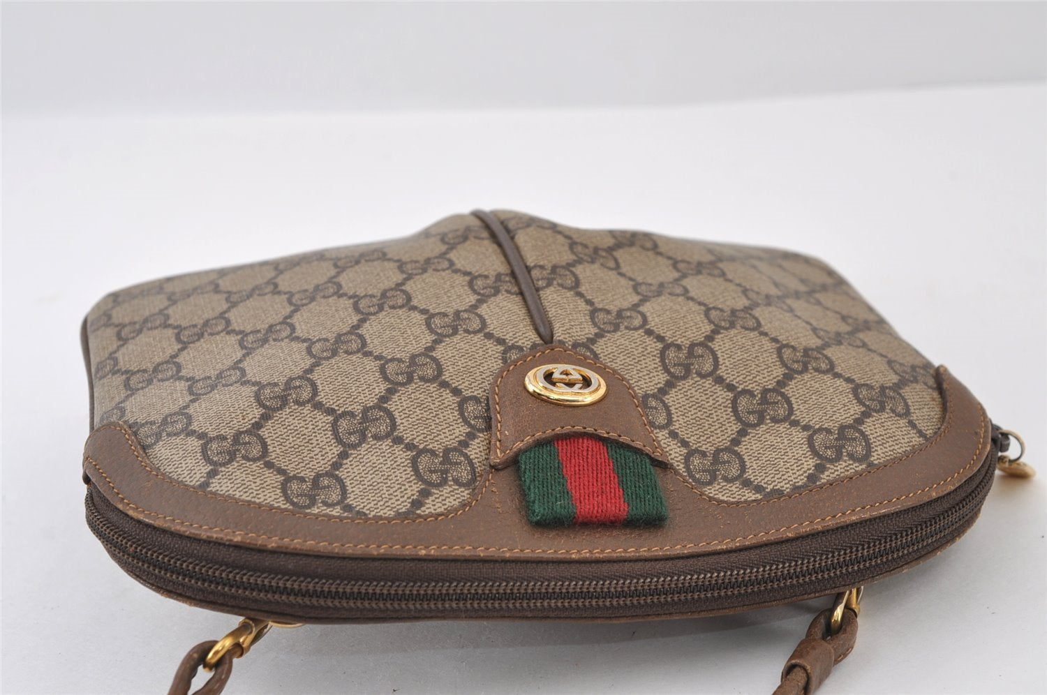 Authentic GUCCI Web Sherry Line Shoulder Cross Bag GG PVC Leather Brown 9879I