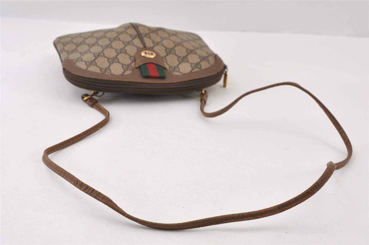 Authentic GUCCI Web Sherry Line Shoulder Cross Bag GG PVC Leather Brown 9879I