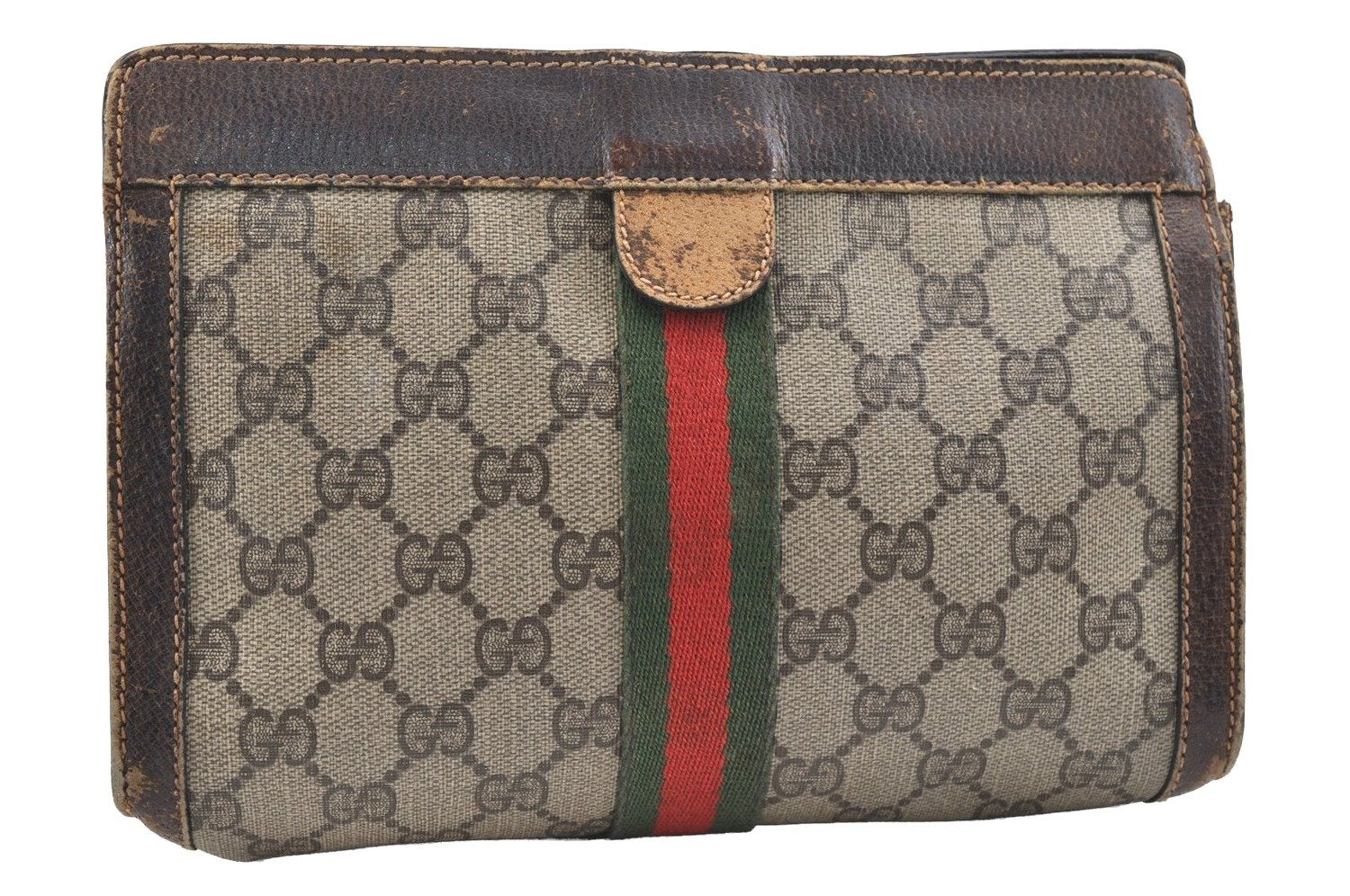 Authentic GUCCI Web Sherry Line Clutch Hand Bag Purse GG PVC Leather Brown 9883I