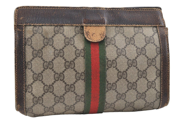 Authentic GUCCI Web Sherry Line Clutch Hand Bag Purse GG PVC Leather Brown 9883I