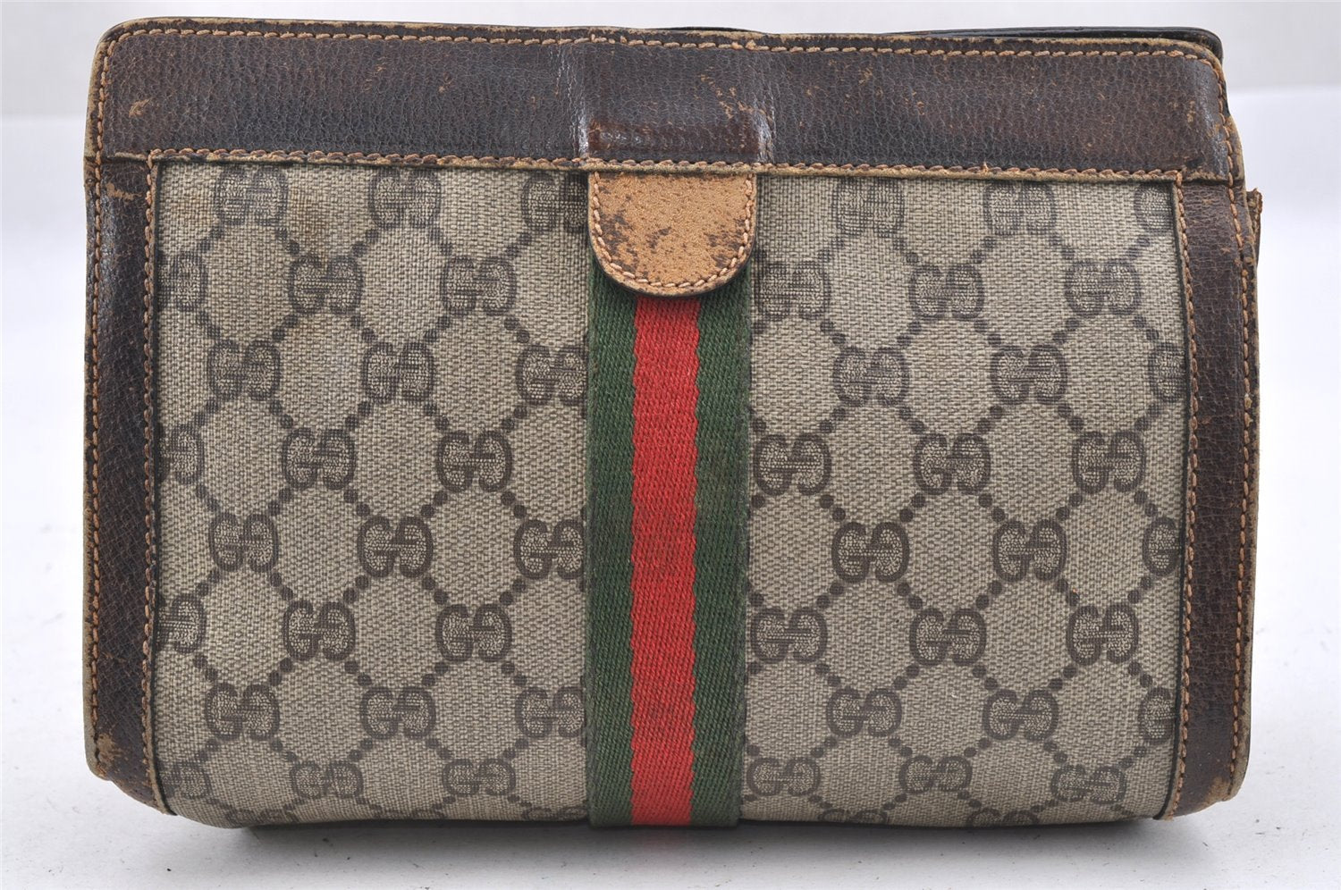 Authentic GUCCI Web Sherry Line Clutch Hand Bag Purse GG PVC Leather Brown 9883I