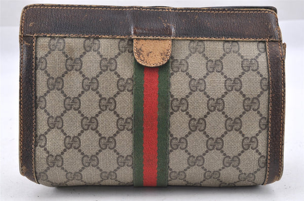 Authentic GUCCI Web Sherry Line Clutch Hand Bag Purse GG PVC Leather Brown 9883I