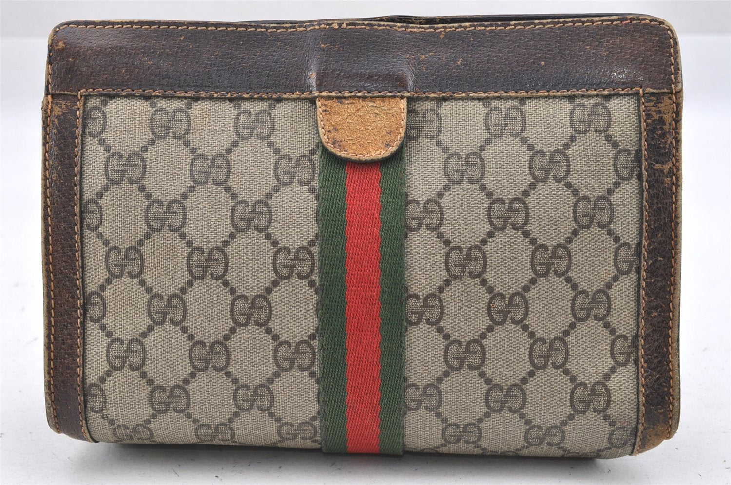 Authentic GUCCI Web Sherry Line Clutch Hand Bag Purse GG PVC Leather Brown 9883I
