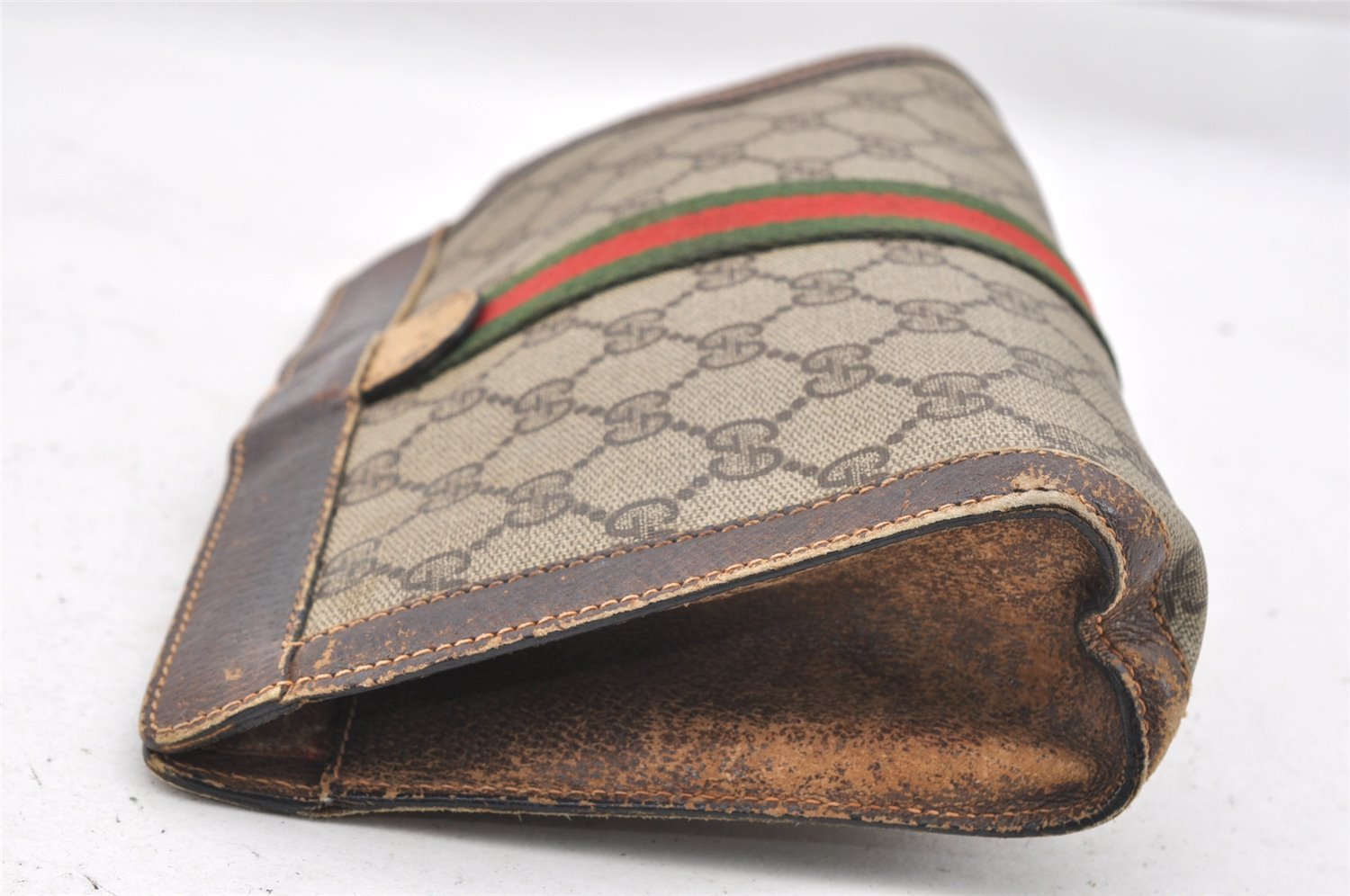 Authentic GUCCI Web Sherry Line Clutch Hand Bag Purse GG PVC Leather Brown 9883I