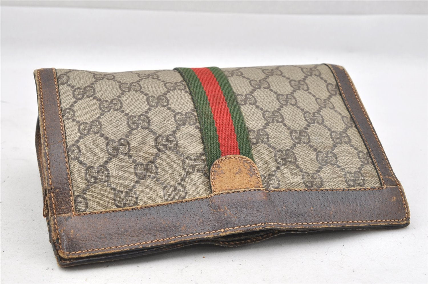 Authentic GUCCI Web Sherry Line Clutch Hand Bag Purse GG PVC Leather Brown 9883I