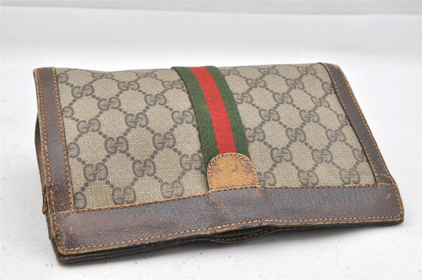 Authentic GUCCI Web Sherry Line Clutch Hand Bag Purse GG PVC Leather Brown 9883I