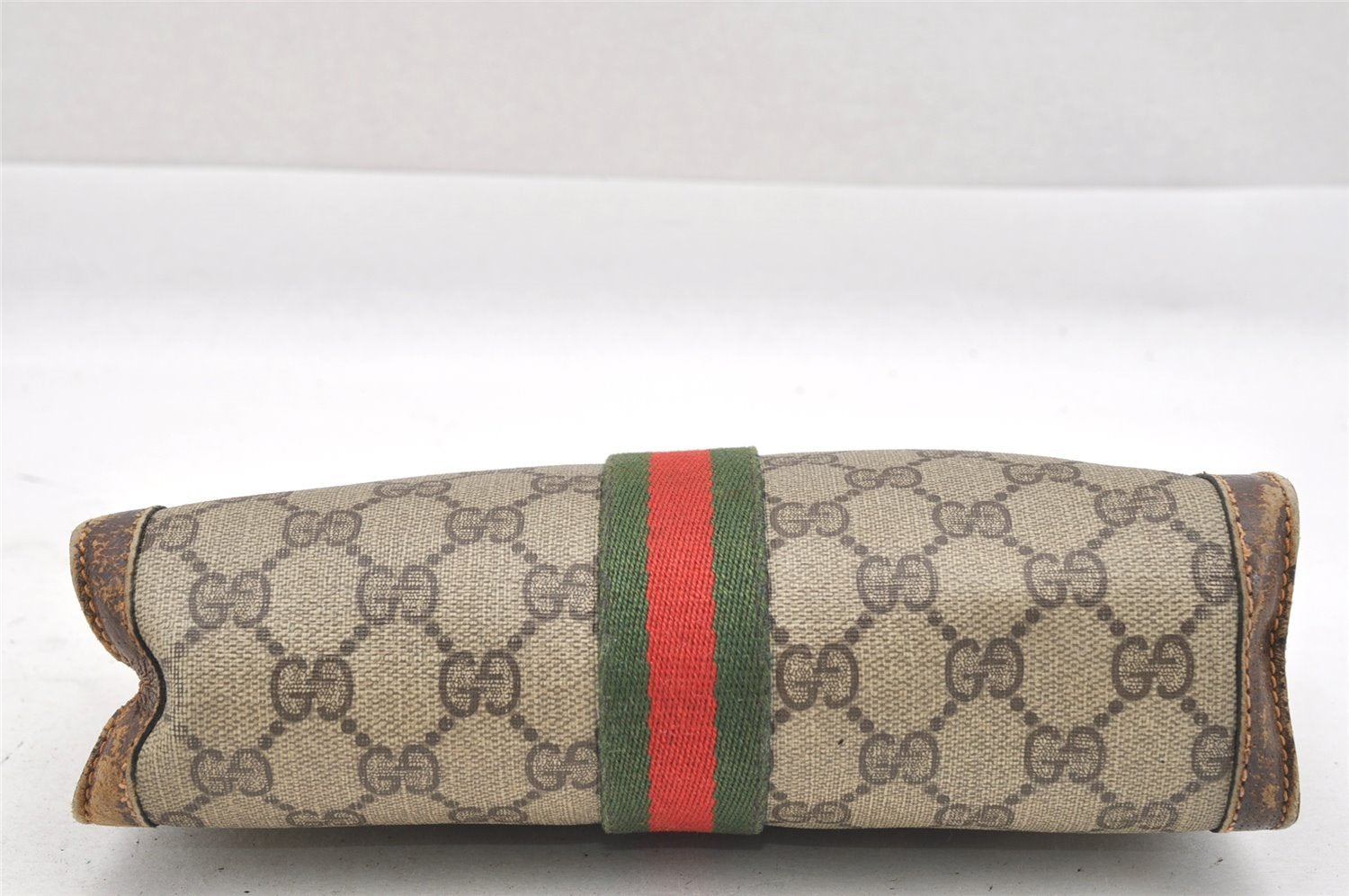 Authentic GUCCI Web Sherry Line Clutch Hand Bag Purse GG PVC Leather Brown 9883I