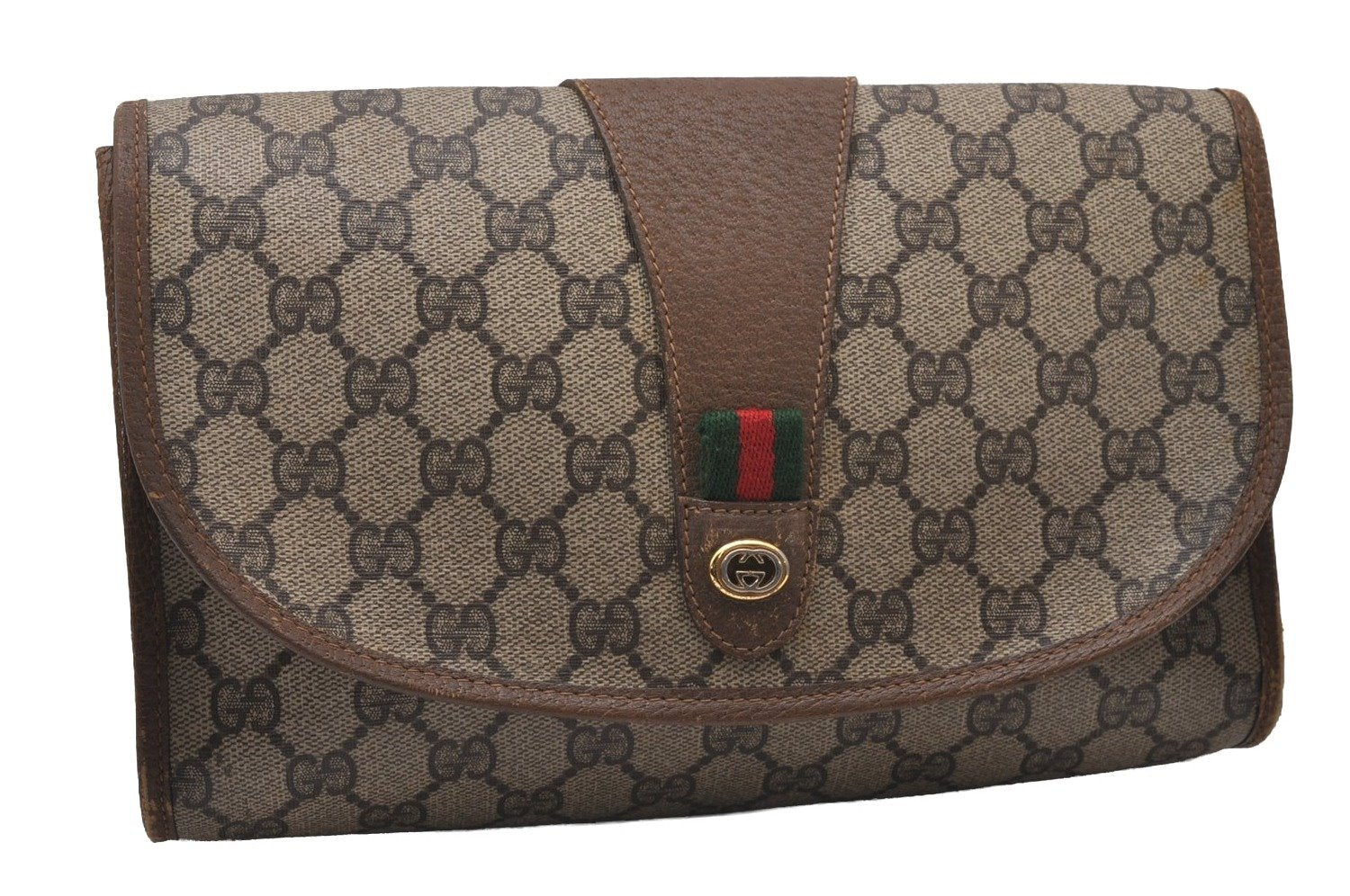 Authentic GUCCI Web Sherry Line Clutch Hand Bag Purse GG PVC Leather Brown 9886I