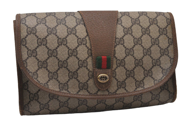 Authentic GUCCI Web Sherry Line Clutch Hand Bag Purse GG PVC Leather Brown 9886I