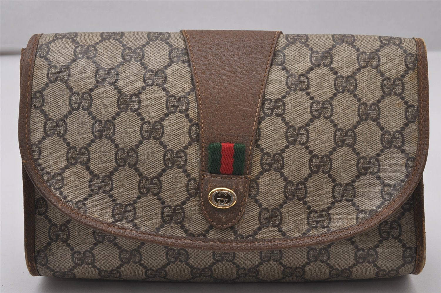 Authentic GUCCI Web Sherry Line Clutch Hand Bag Purse GG PVC Leather Brown 9886I