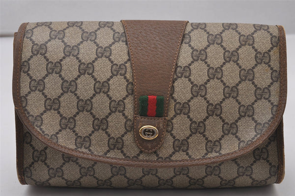 Authentic GUCCI Web Sherry Line Clutch Hand Bag Purse GG PVC Leather Brown 9886I
