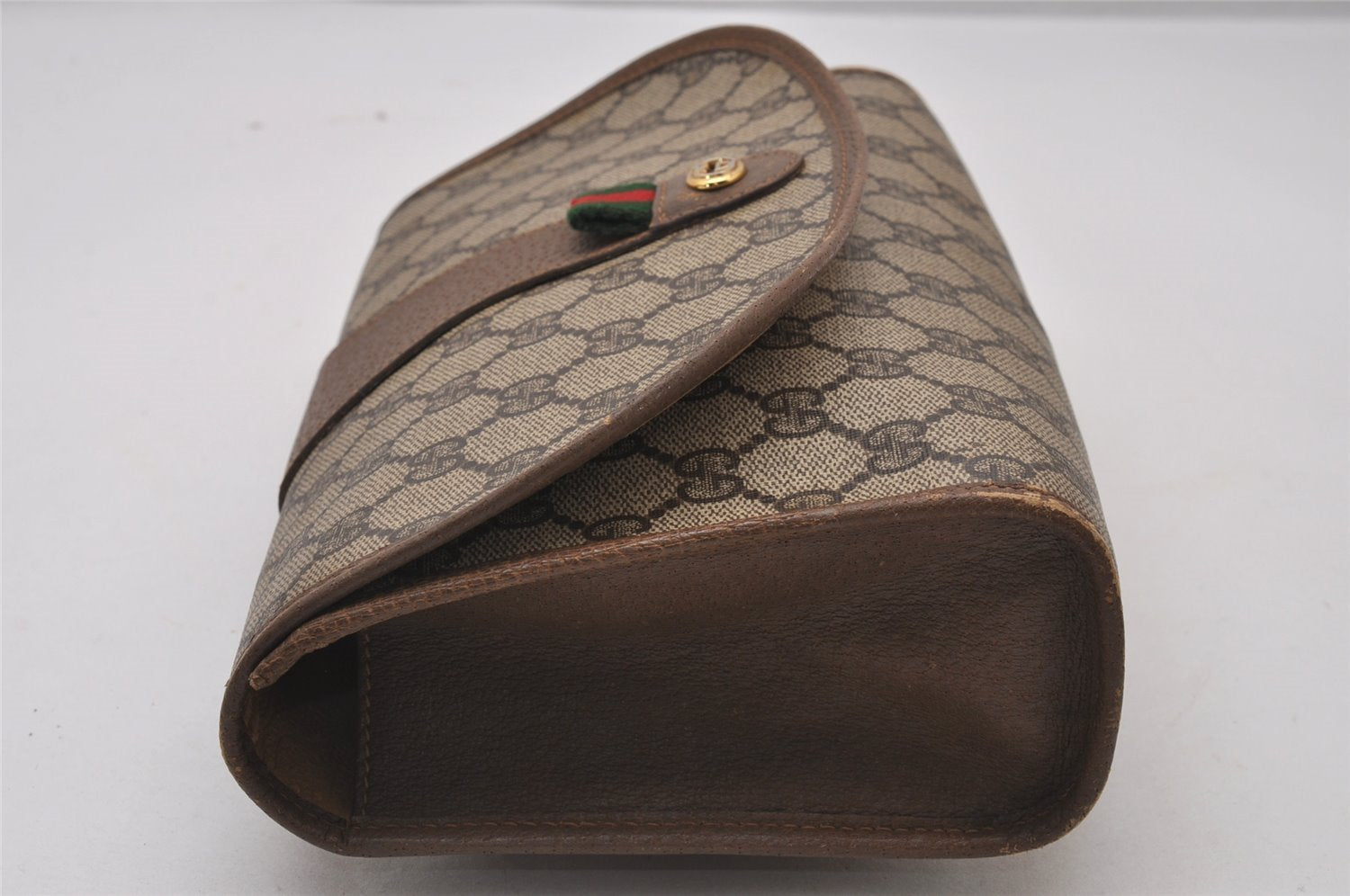 Authentic GUCCI Web Sherry Line Clutch Hand Bag Purse GG PVC Leather Brown 9886I