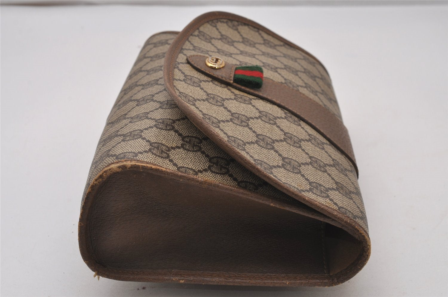 Authentic GUCCI Web Sherry Line Clutch Hand Bag Purse GG PVC Leather Brown 9886I