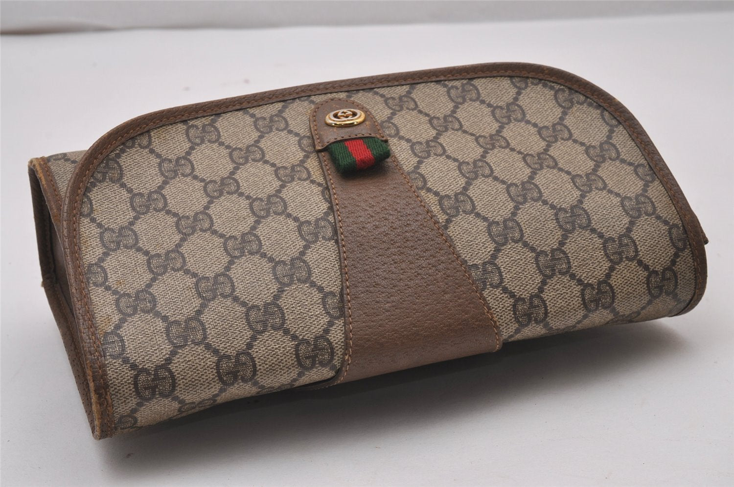 Authentic GUCCI Web Sherry Line Clutch Hand Bag Purse GG PVC Leather Brown 9886I