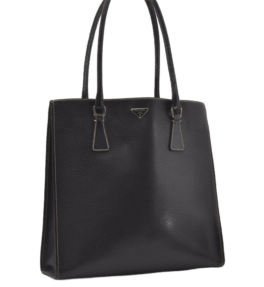 Authentic PRADA Vintage Leather Shoulder Tote Bag Black 9887I