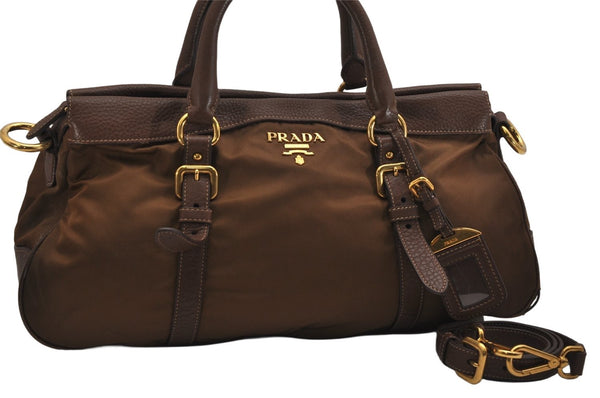 Authentic PRADA Vintage Nylon Tessuto Leather 2Way Shoulder Hand Bag Brown 9889J