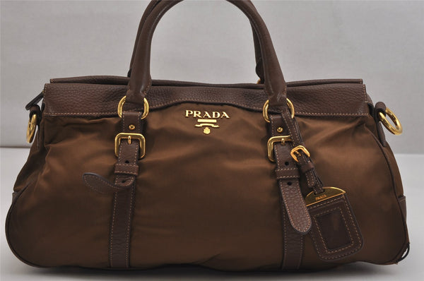 Authentic PRADA Vintage Nylon Tessuto Leather 2Way Shoulder Hand Bag Brown 9889J