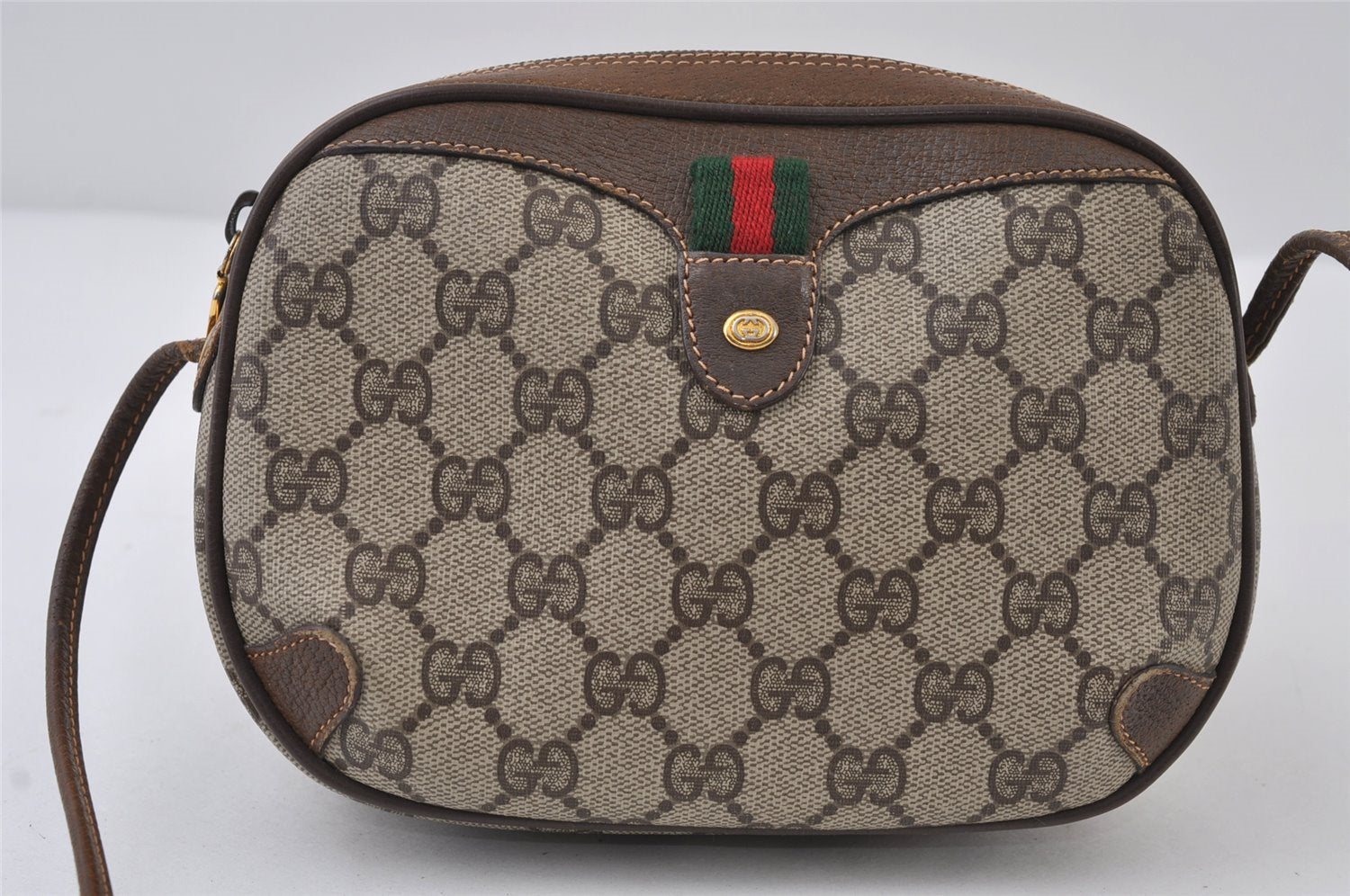 Authentic GUCCI Web Sherry Line Shoulder Cross Bag GG PVC Leather Brown 9893I