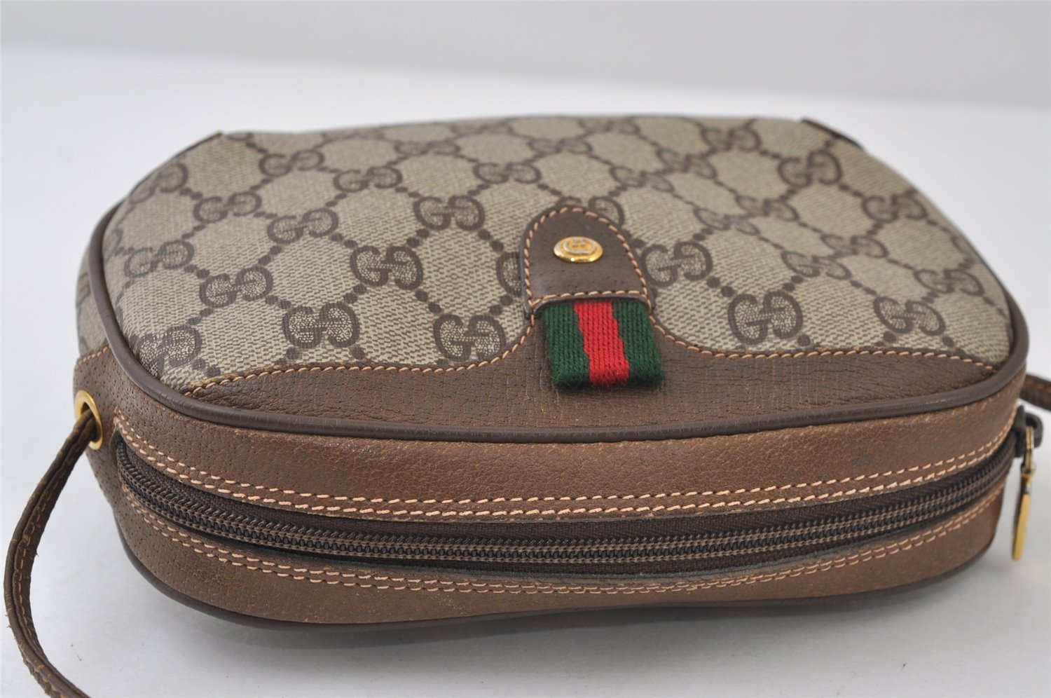 Authentic GUCCI Web Sherry Line Shoulder Cross Bag GG PVC Leather Brown 9893I