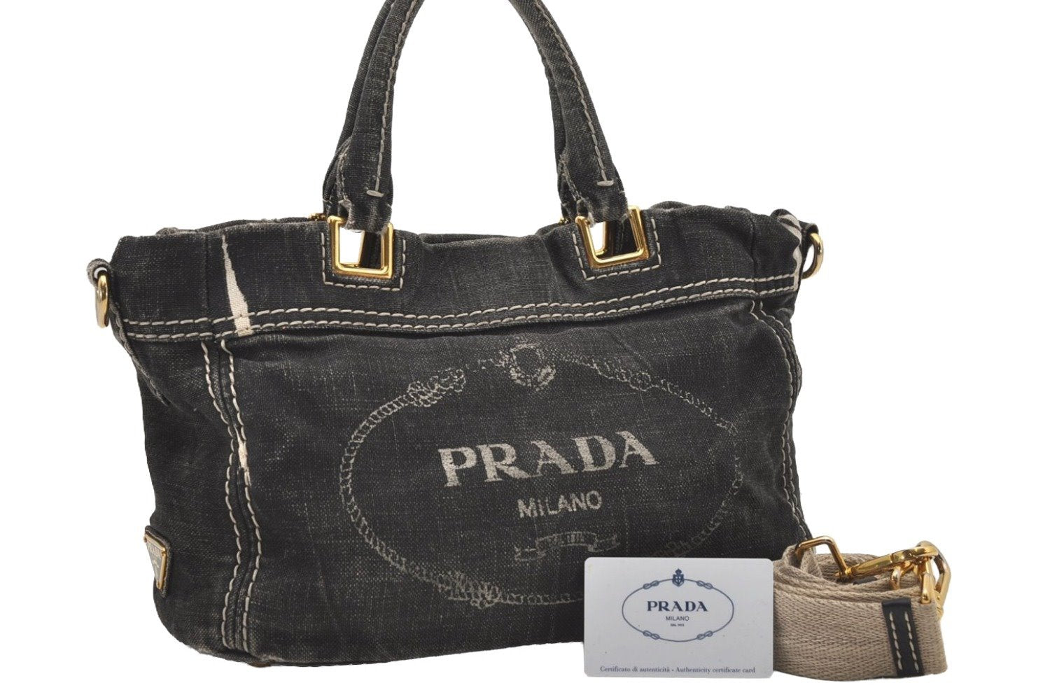Authentic PRADA Lino Painted Denim 2Way Shoulder Tote Bag BN2070 Black 9897I