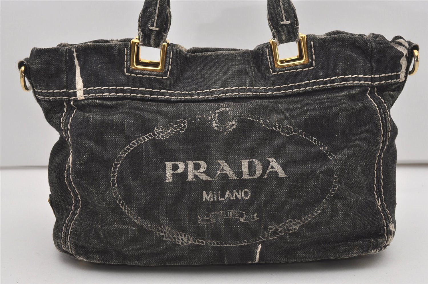 Authentic PRADA Lino Painted Denim 2Way Shoulder Tote Bag BN2070 Black 9897I