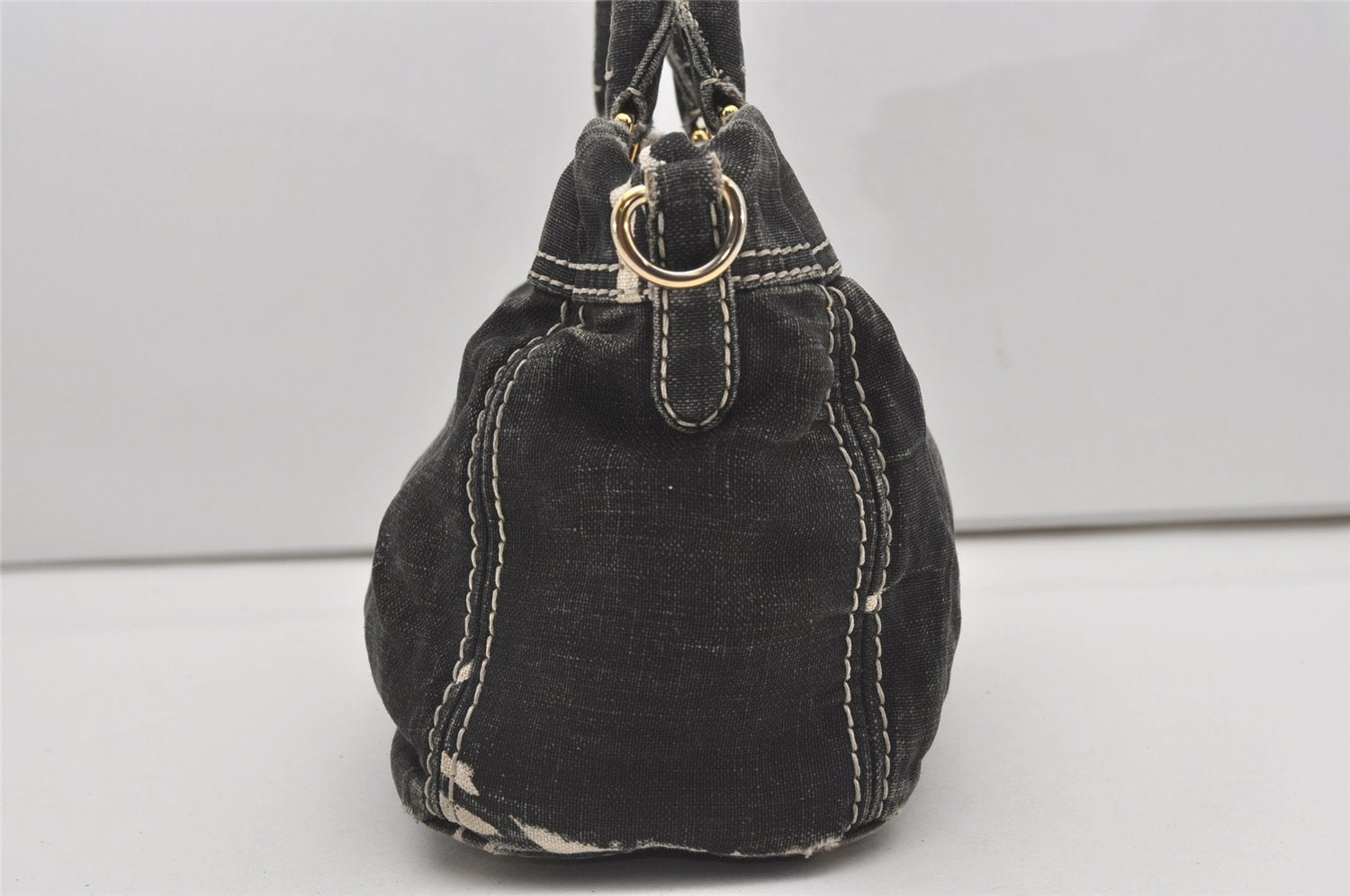 Authentic PRADA Lino Painted Denim 2Way Shoulder Tote Bag BN2070 Black 9897I