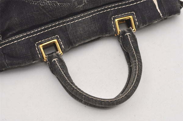 Authentic PRADA Lino Painted Denim 2Way Shoulder Tote Bag BN2070 Black 9897I