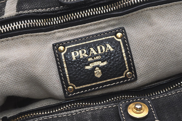 Authentic PRADA Lino Painted Denim 2Way Shoulder Tote Bag BN2070 Black 9897I