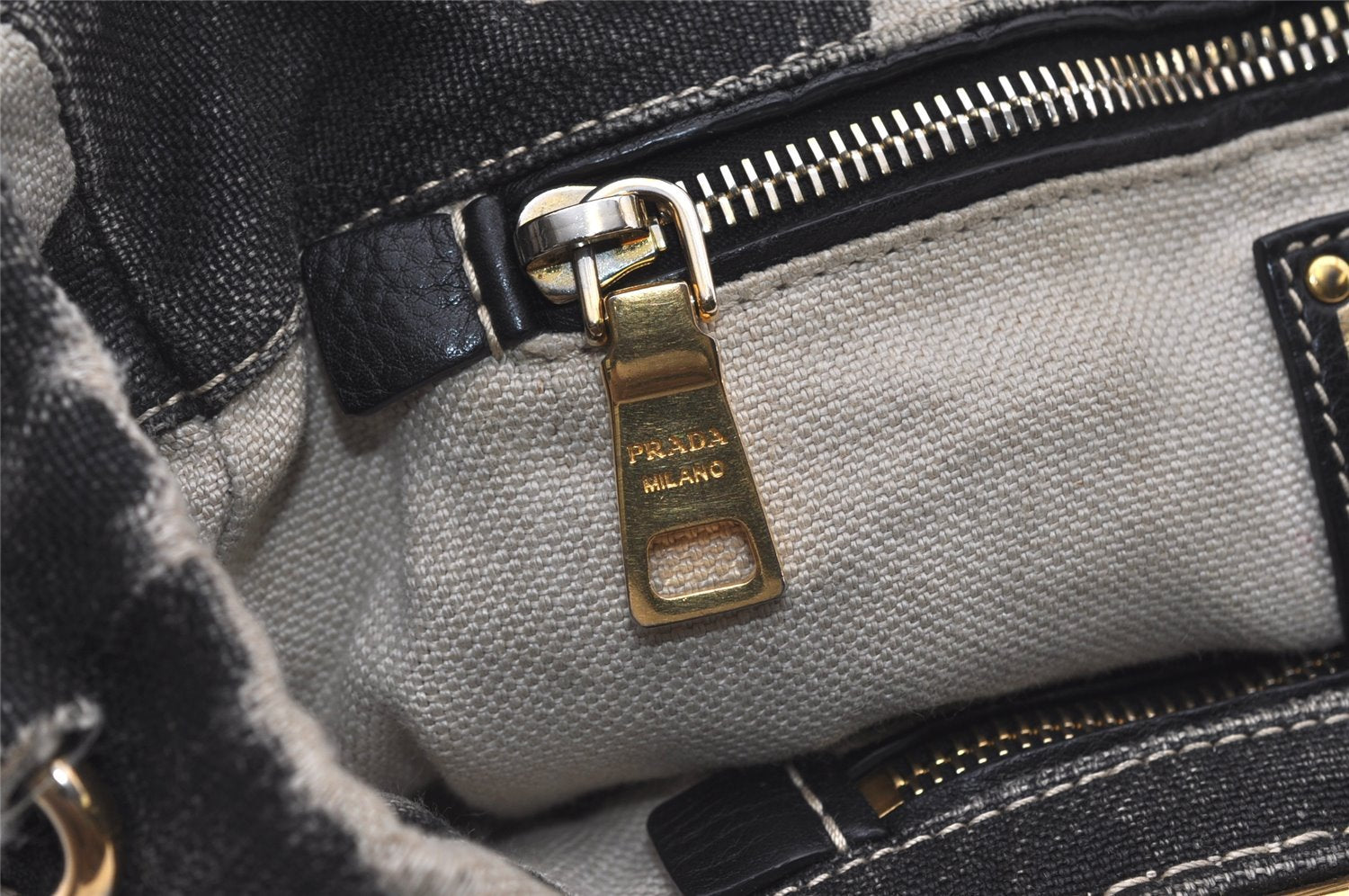 Authentic PRADA Lino Painted Denim 2Way Shoulder Tote Bag BN2070 Black 9897I