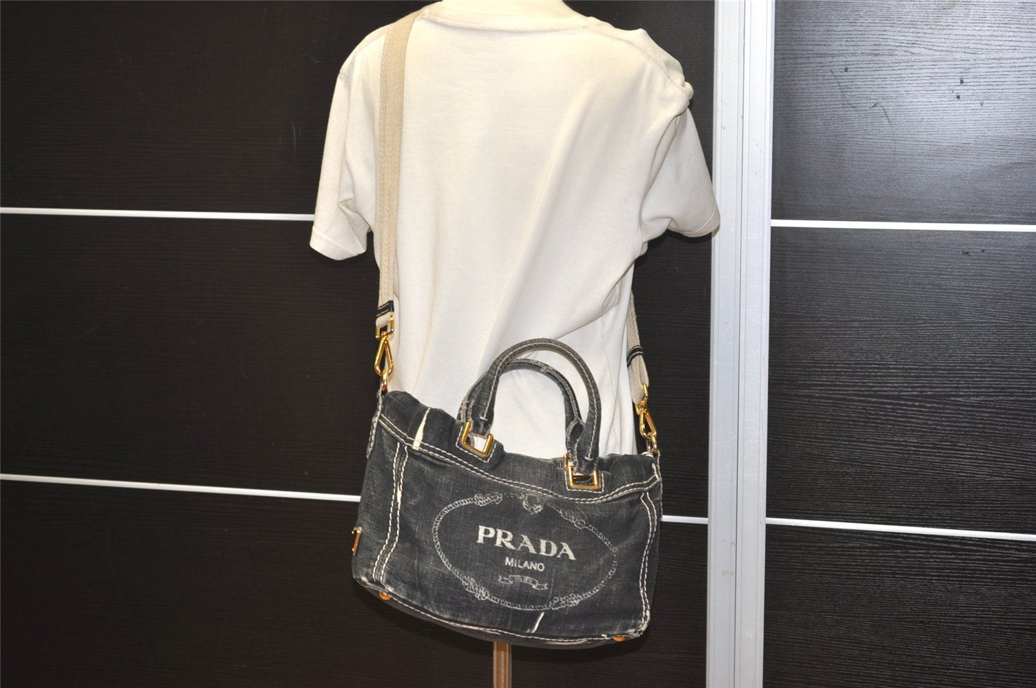 Authentic PRADA Lino Painted Denim 2Way Shoulder Tote Bag BN2070 Black 9897I