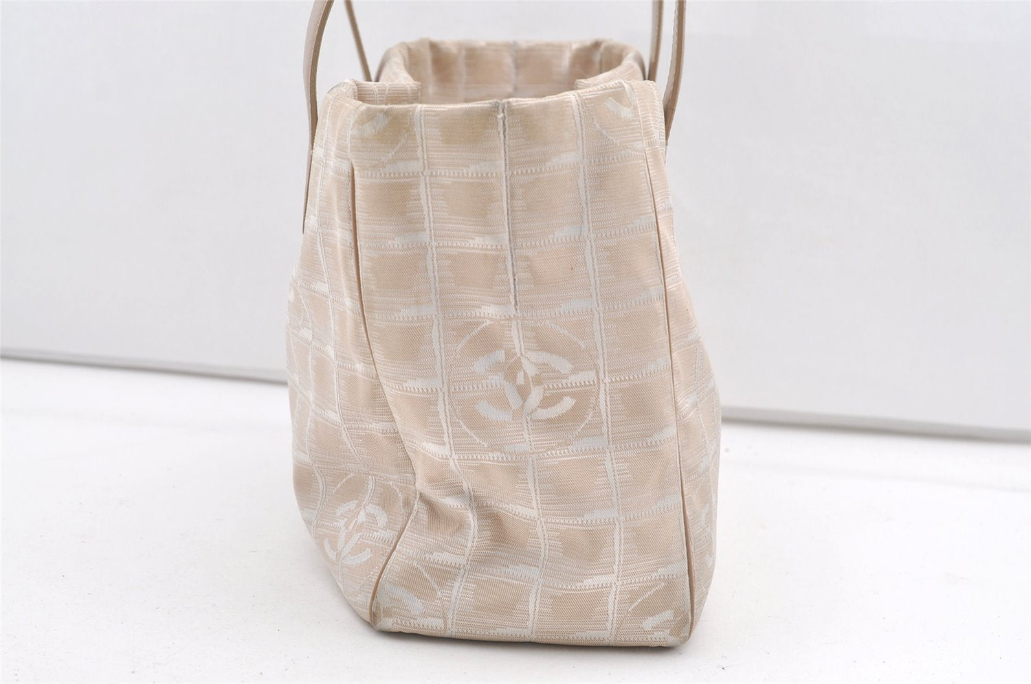 Authentic CHANEL New Travel Line Shoulder Tote Bag Nylon Leather Beige 9898J