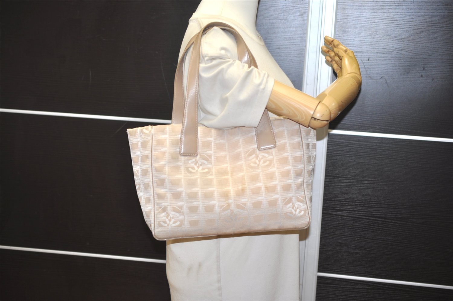 Authentic CHANEL New Travel Line Shoulder Tote Bag Nylon Leather Beige 9898J