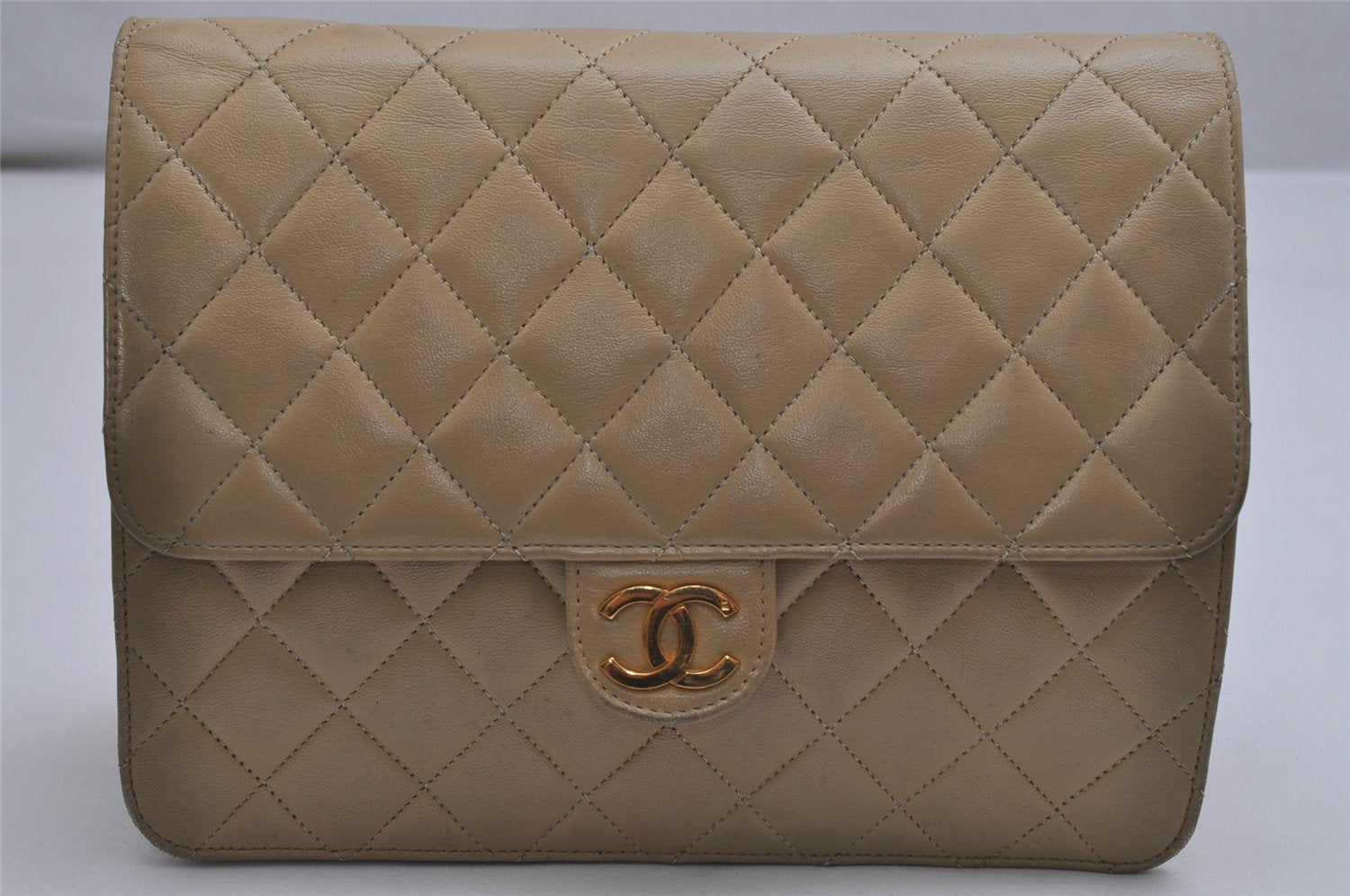 Authentic CHANEL Calf Skin Matelasse Chain Shoulder Cross Bag Beige CC Box 9899J