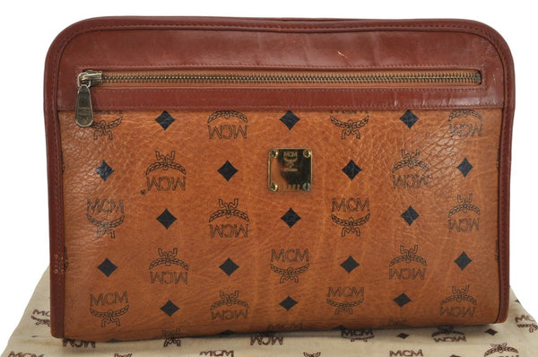 Authentic MCM Visetos Leather Vintage Clutch Hand Bag Purse Brown 9900J