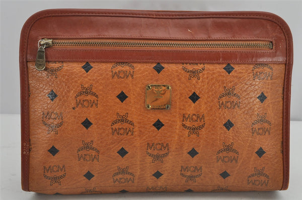 Authentic MCM Visetos Leather Vintage Clutch Hand Bag Purse Brown 9900J