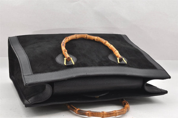 Authentic GUCCI Vintage Bamboo Shoulder Hand Bag Suede Leather Black Junk 9901I