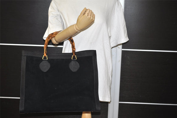 Authentic GUCCI Vintage Bamboo Shoulder Hand Bag Suede Leather Black Junk 9901I