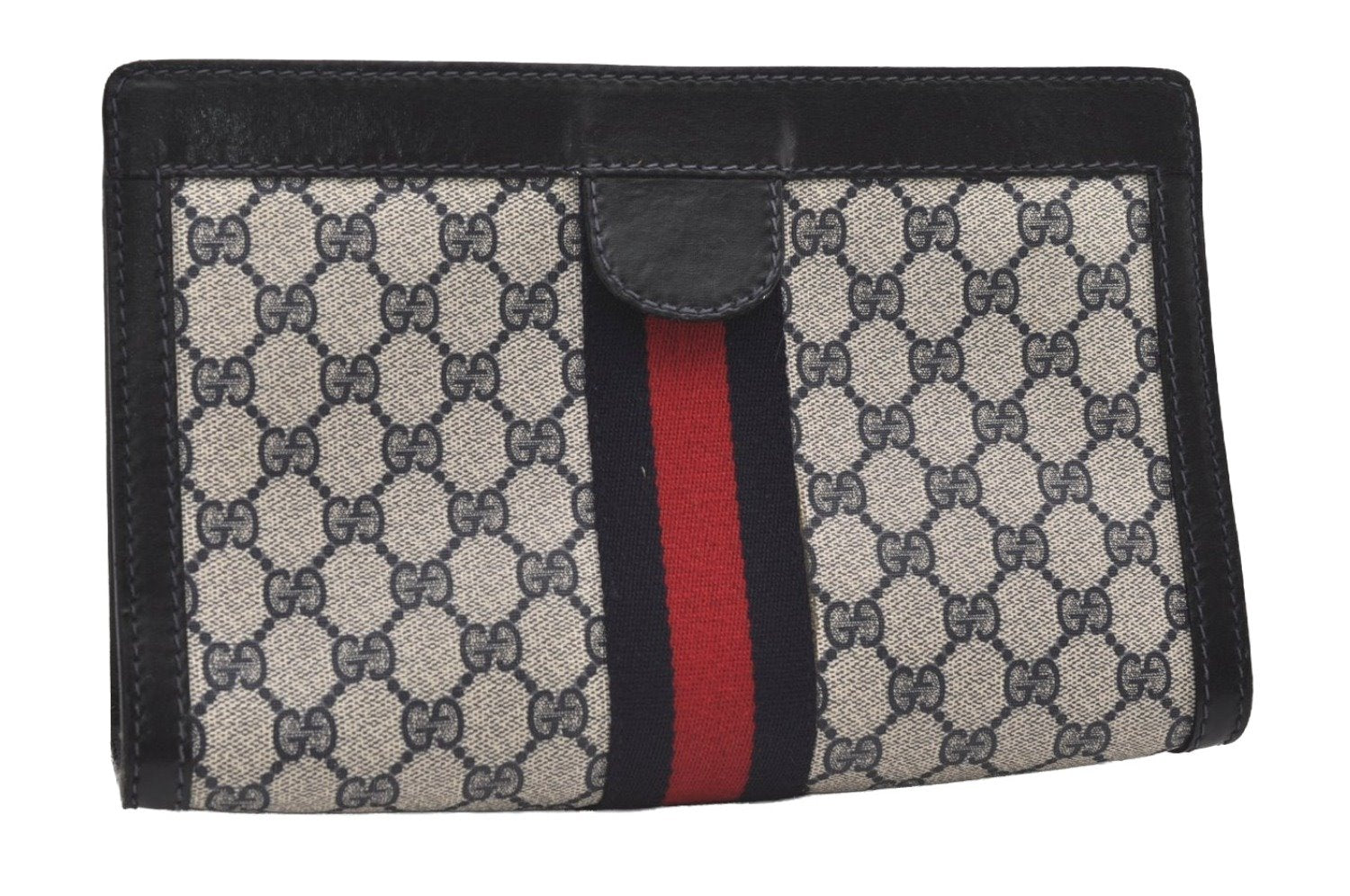 Authentic GUCCI Sherry Line Clutch Hand Bag Purse GG PVC Leather Navy Blue 9903I