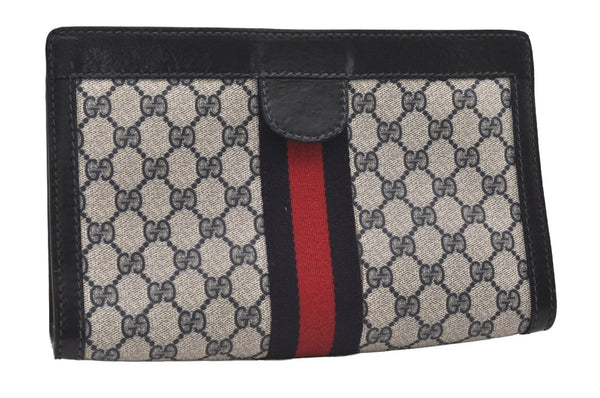 Authentic GUCCI Sherry Line Clutch Hand Bag Purse GG PVC Leather Navy Blue 9903I