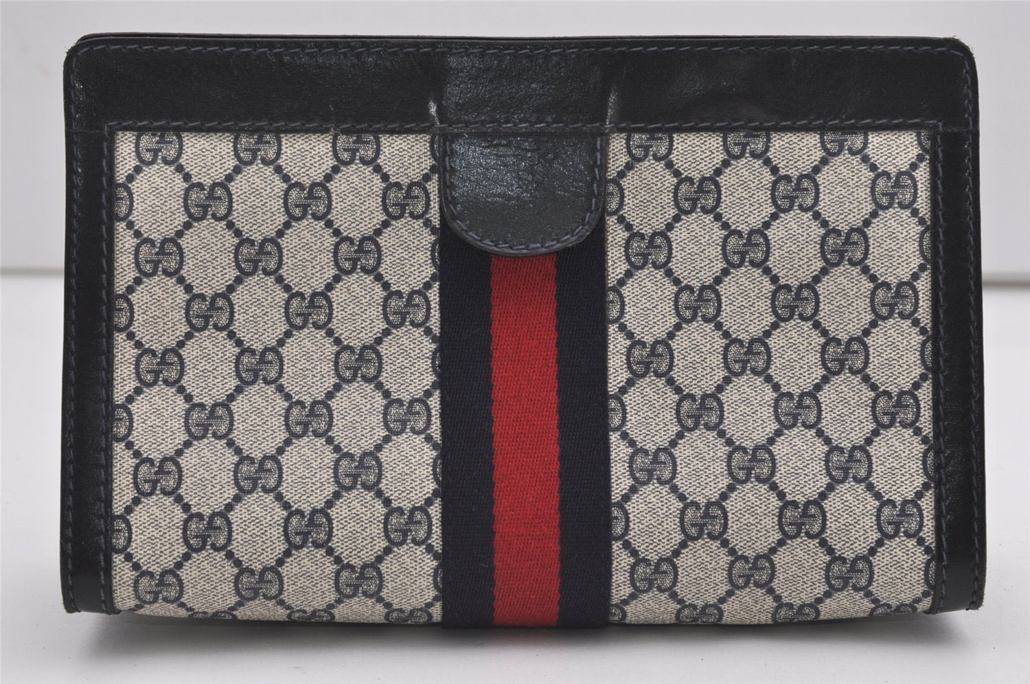 Authentic GUCCI Sherry Line Clutch Hand Bag Purse GG PVC Leather Navy Blue 9903I