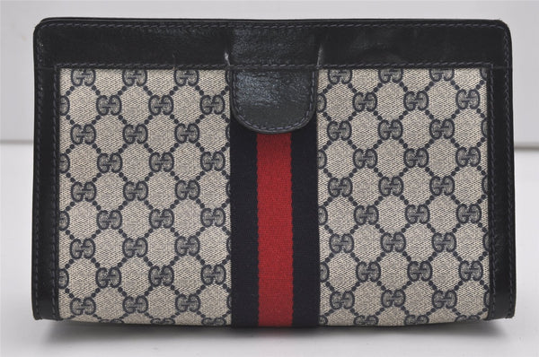 Authentic GUCCI Sherry Line Clutch Hand Bag Purse GG PVC Leather Navy Blue 9903I