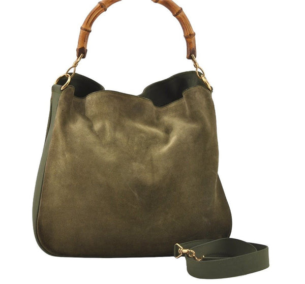 Authentic GUCCI Bamboo 2Way Shoulder Hand Bag Suede Leather Khaki Junk 9905I