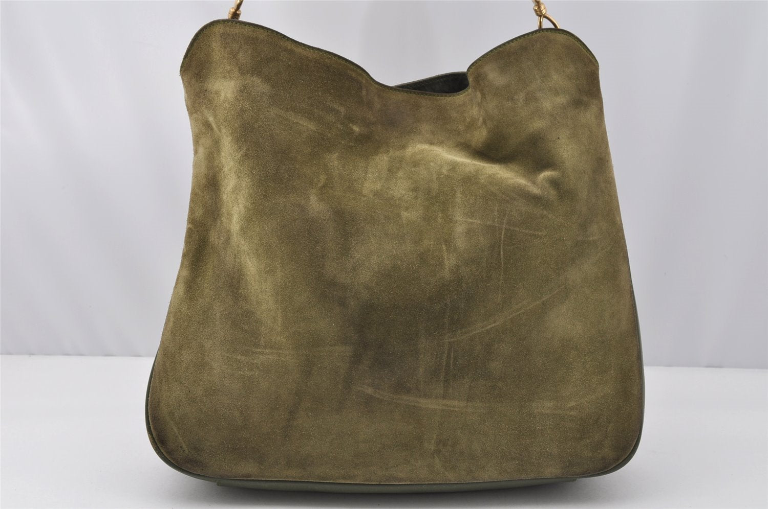 Authentic GUCCI Bamboo 2Way Shoulder Hand Bag Suede Leather Khaki Junk 9905I