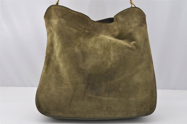 Authentic GUCCI Bamboo 2Way Shoulder Hand Bag Suede Leather Khaki Junk 9905I