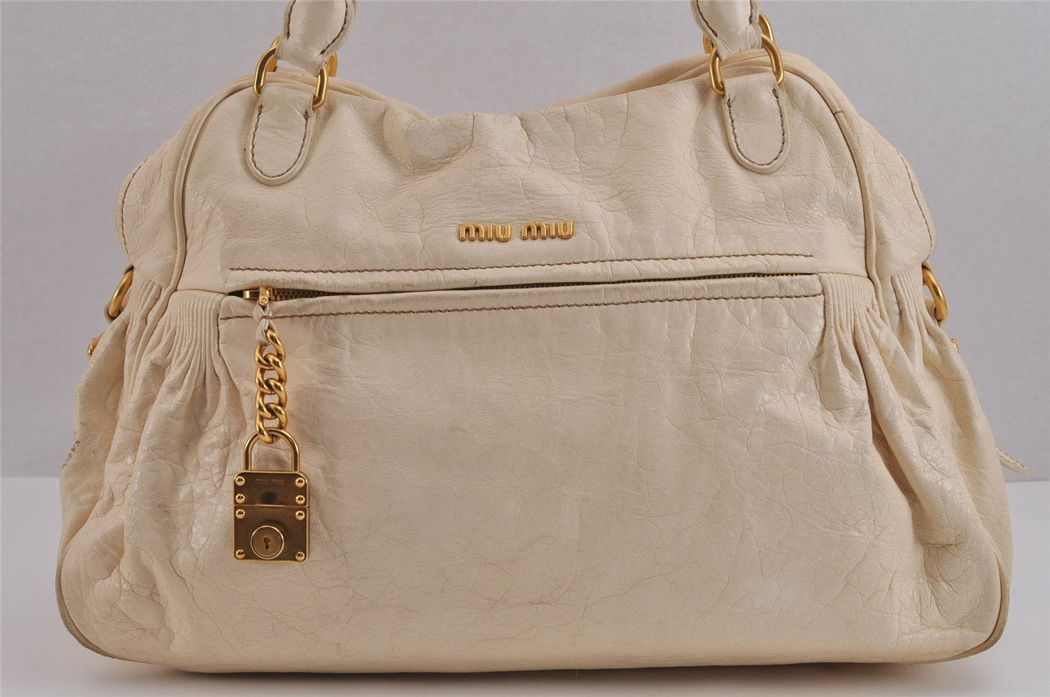 Authentic MIU MIU Vintage Leather 2Way Shoulder Hand Bag Cream White 9912J