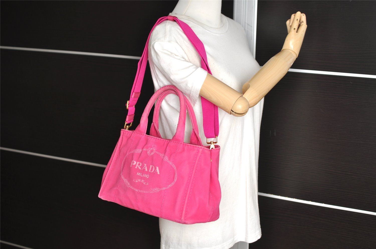 Authentic PRADA Vintage Canapa SS Canvas 2Way Hand Tote Bag Purse Pink 9914I